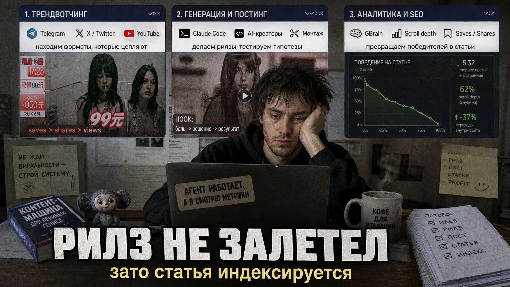 Мем-обложка про AI-рилз, который не залетел, но превратился в индексируемую статью