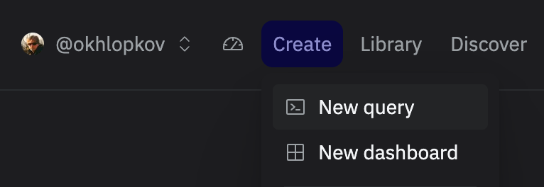 Dune Create menu with New query and New dashboard options for starting TON SQL analysis